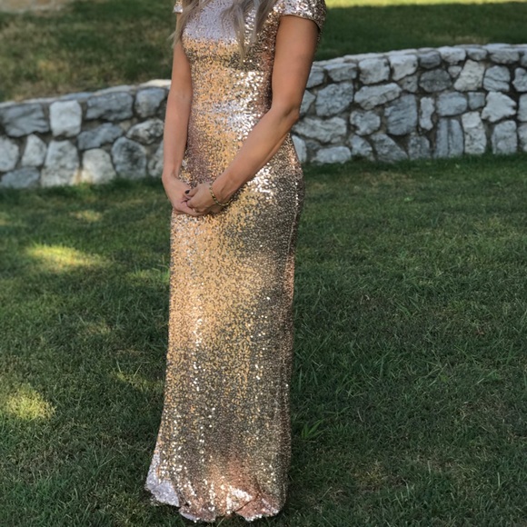 Badgley Mischka blush gold sequin cowl back gown - Picture 5 of 6